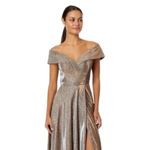 XScape Dress Womens 14 Petite Off the Shoulder Long Glitter Maxi Gown